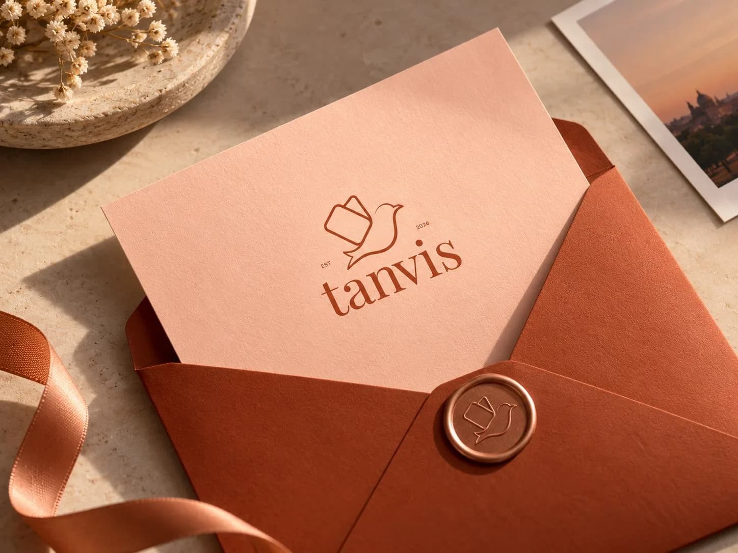 A Tanvis greeting card slipped into a Cognac envelope, sealed with wax